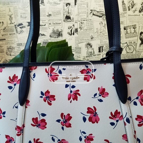 Kate Spade NWT Cara Garden Toss Large Tote Floral White Spring Summer Red - Picture 3 of 12